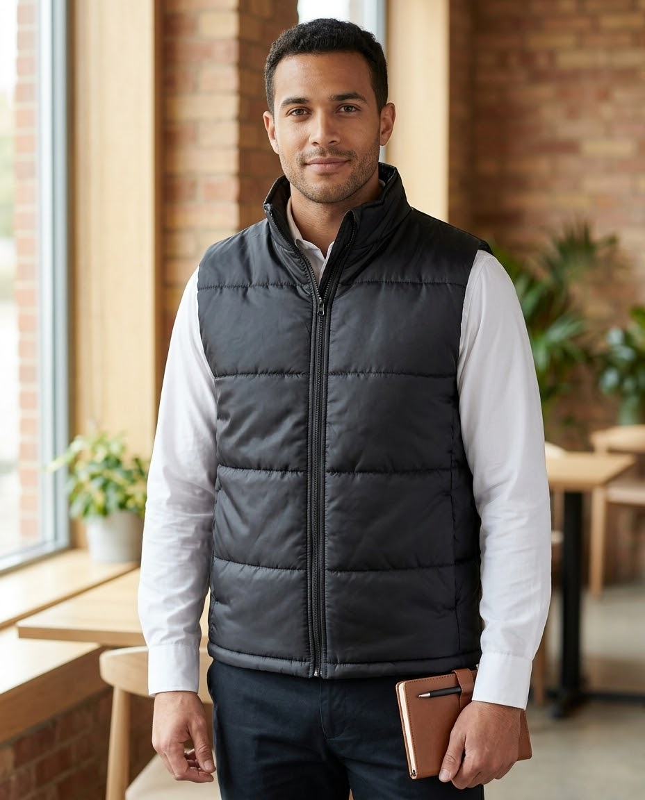 Vestă matlasată neagră fără mâneci, uniformă de lucru personalizabilă cu logo – UNITON